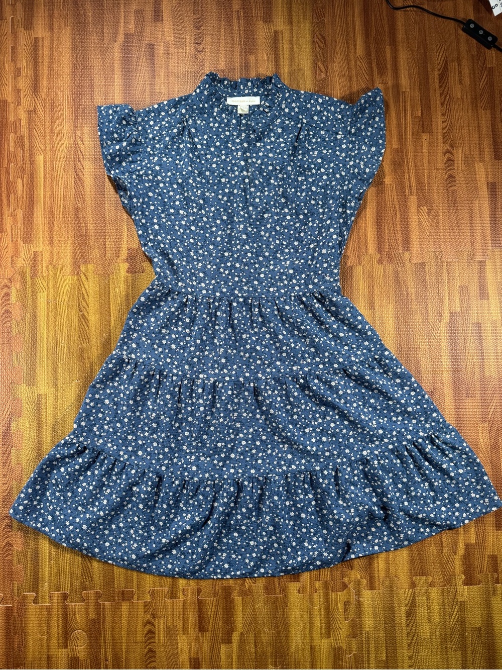 Monteau Blue Floral Midi Dress with White Daisies